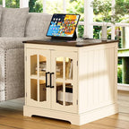 ChooChoo Farmhouse End Table Set of 2, 24" Large Sofa Side Table with Charging Station & LED Light, Nightstand with Adjustable Storage Shelf for Living Room Beige (Cream Mix with White)