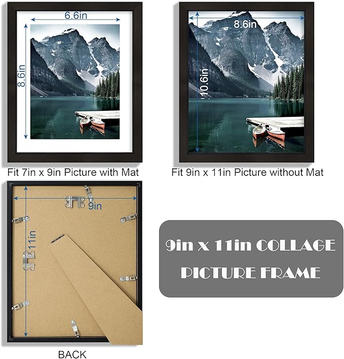 9x11 Picture Frame with Real Glass - Display Pictures 7x9 with Mat or 9x11 without Mat, Photo Frame for Wall or Table Top Display(Black, 3 Pack)