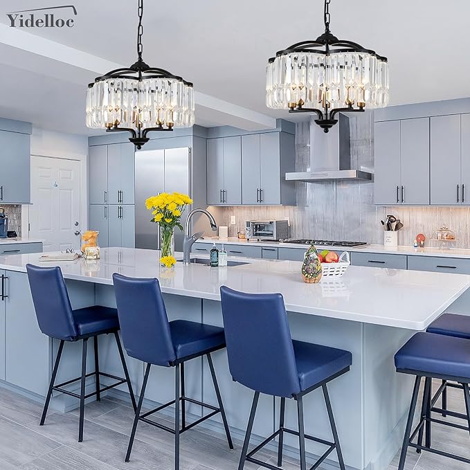 Modern Crystal Chandelier for Dining Room - Adjustable 5 Lights Black Farmhouse Pendant Light Fixture Hanging for Foyer Bedroom Living Room Hallway Kitchen