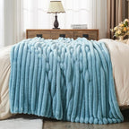 NEWCOSPLAY Faux Fur Twin Blanket Blue 3D Ribbed Plush Thick Warm Blanket for Couch Sofa Bed 850GSM (Blue Ribbed, Twin(60"x80"))
