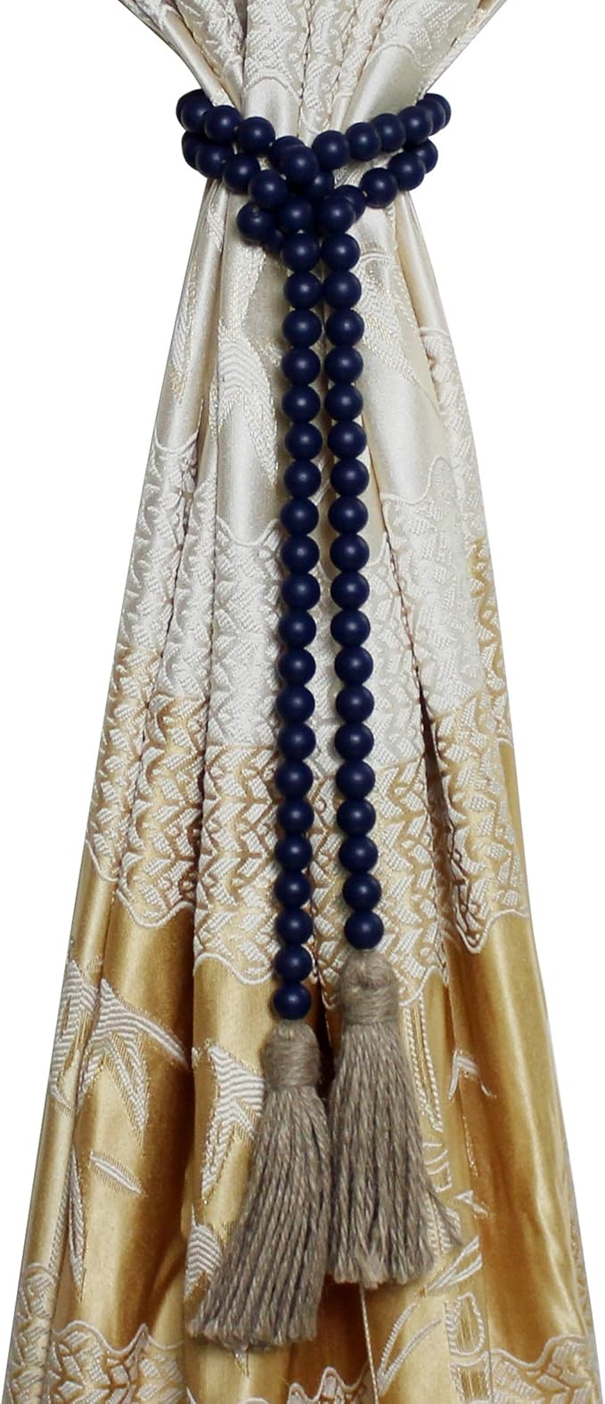 CVHOMEDECO. Wood Beads Garland with Tassels Farmhouse Rustic Wooden Prayer Bead String Wall Hanging Accent for Home Festival Decor. Navy Blue