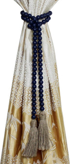 CVHOMEDECO. Wood Beads Garland with Tassels Farmhouse Rustic Wooden Prayer Bead String Wall Hanging Accent for Home Festival Decor. Navy Blue