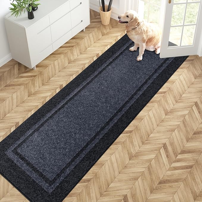 PURRUGS Dirt Trapping Door Mat 24" x 84", Non-Slip/Skid Machine Washable Entryway Rug, Shoes Scraper, Area Rug, Super Absorbent Welcome Mat for Muddy Wet Shoes and Paws, Bluish Grey & Charcoal