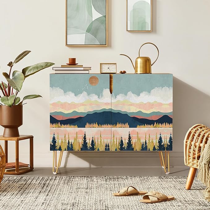 SIGNWIN Sideboard Buffet Cabinet, Kitchen Storage Cabinet with 2 Doors, Pastel Colorful Mountain Forest, Cupboard Console Table for Dining Room - 35" L x 18" W x 29" H