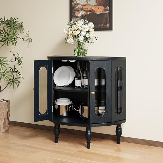 31'' Sideboard Buffer Cabinet with Storage, Semi-Circle Modern Accent Storage Cabinet with Wooden Finish & Acrylic Doors, Console Table for Living Room Entryway Hallway (Black)