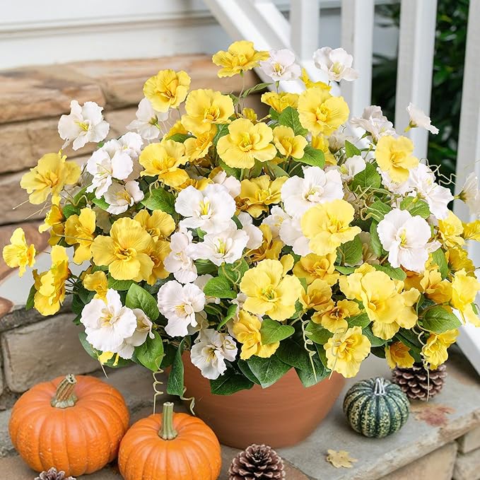 Fall Flowers Fake Flowers Mums for Outdoors Autumn Decoration, 6 Bundles Artificial Flowers Faux Silk Plants Realistic UV Resistant for Outside Planter Patio (Yellow White)