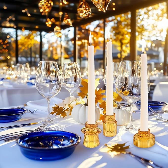 Double Sided Vintage Ribbed Taper Glass Candle Holders,Tea Candle Holder for Table Centerpieces, Wedding Decorations and Dinner Parties (Amber, 6 PCS)
