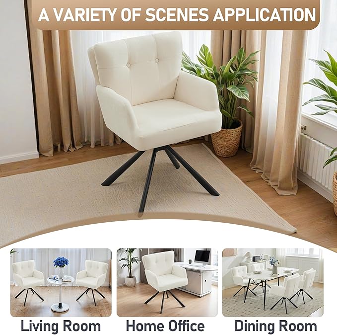 Fabric Dining Chair Set of 2 Modern Upholstered Swivel Dining Room Chairs Comfy Accent Armchair with Mid Back, Desk Arm Chair No Wheels for Kitchen/Living Room/Dining Room, White