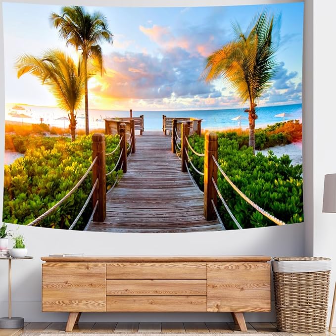 Delur Beach Sunset Tapestry Tropical Seaside Palm Tree Coastal Tapestry Wall Hanging Sunrise Nature Landscape Scenic Psychedelic Headboard for Bedroom Living Room Home Decor (59.1" x 78.7")