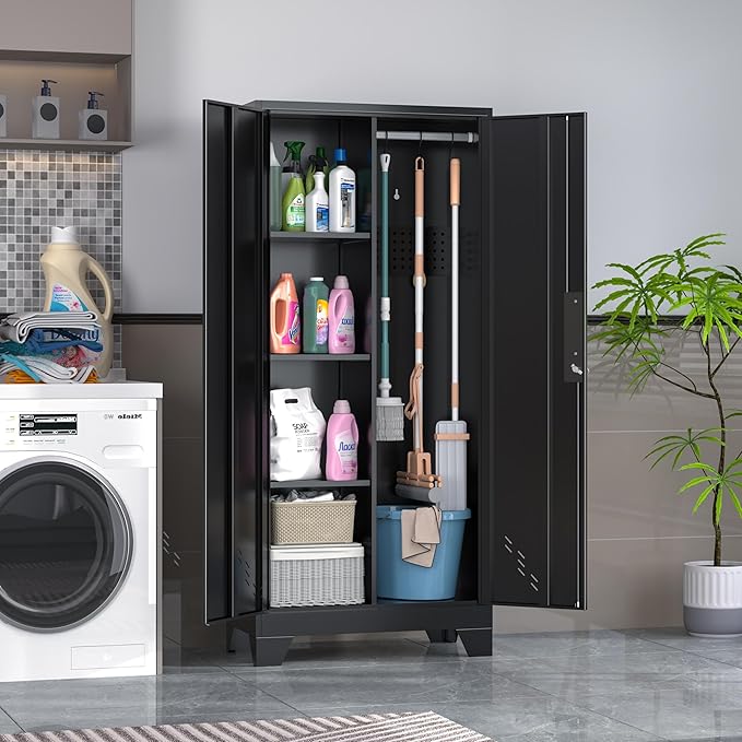 61" H Metal Storage Cabinet, Utility Cabinets with Locking Doors, Laundry Cabinet with Hanging Rod, Garage Tool Storage Cabinets for Home Office, Garage, Bathroom (Black)