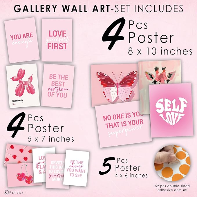 Fardes Preppy Room Decor, Pinky Pictures for Teen Girls Bedroom Decor, Inspirational Cute and Preppy Gifts, Motivational Pink Wall Decor for Bedroom