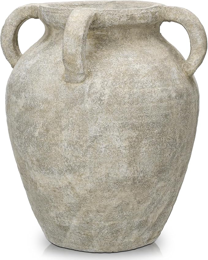 Handmade Flower Vase, 12" Tall Terracotta Vase, Green Vintage Ceramic vase, Rustic Antique Decor with 3 Handles, Wide Mouth, Matte Finish for Home Office Resto Café Décor