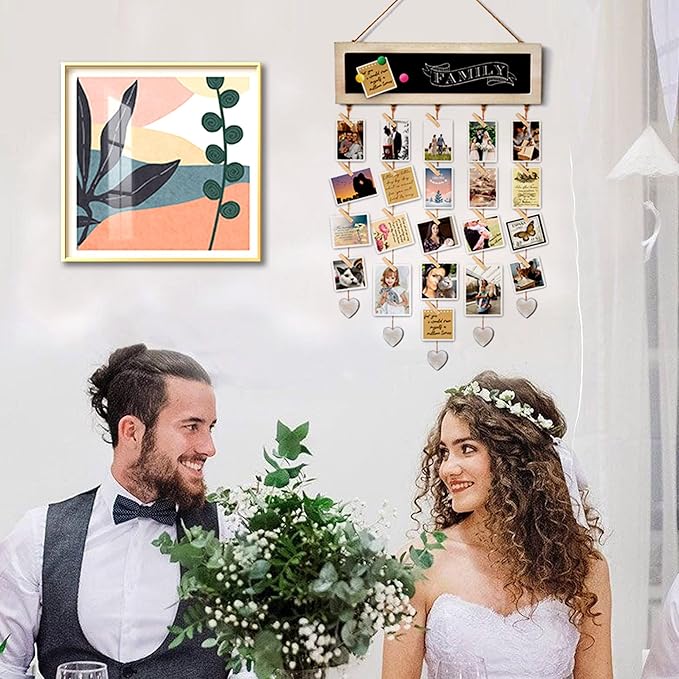 Picture Frames Collage Display Board with 30 Clips - Multi Photos Cards Organizer with Adjustable Twines and Magnetic Blackboard - DIY Wall Decor Hanging Picture Holder 15.7x5 Inches