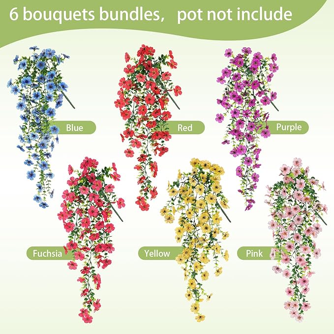Artificial Hanging Flowers for Outdoors Faux Plants for Spring Summer Decoration,6 Bundles UV Resistant Realistic Silk Flowers Indoor Outside Garden Porch Patio Balcony Yard Farmhouse