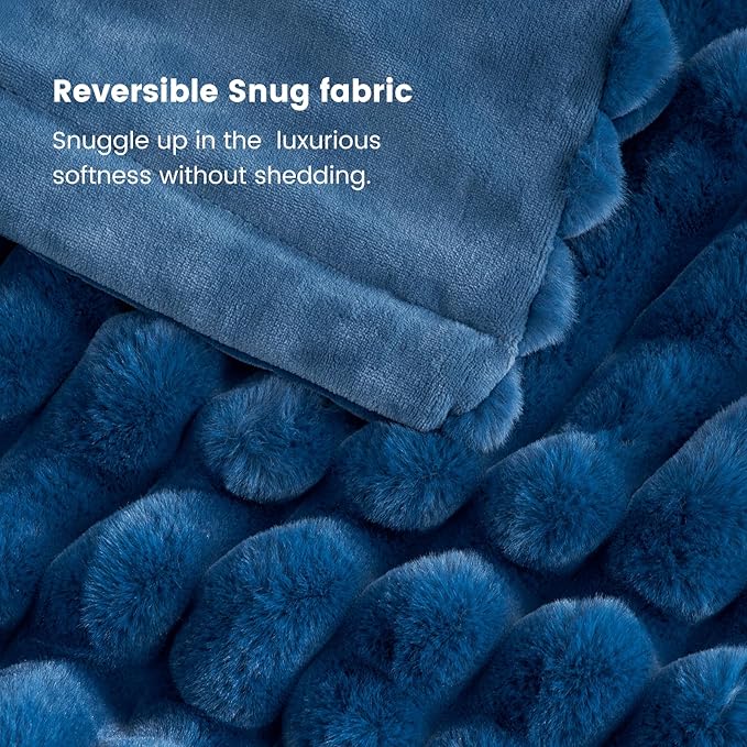 Cozy Bliss Faux Fur Throw Blanket for Couch, Cozy Warm Plush Striped Blanket for Sofa Bedroom Living Room,50 * 60 Inches Navy Blue