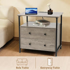 27 inch Wide Night Stand Set 2 with Charging Station, Bedside Table with Open Shelf, 2 Drawers Small Wood Dresser, Modern Wood Nightstand for Bedroom/Living Room (Rustic Gray)