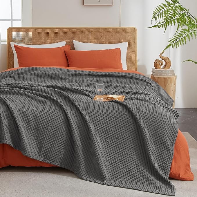 PHF Ultra Soft Waffle Weave Blanket Twin Size 66"x 90"- Washed Lightweight Breathable Cozy Woven Blanket for Bed - Aesthetic Decor for Couch Bedding Sofa Home Car - Grey