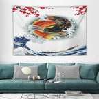 Houselerax Koi Fish Tapestry, Japanese Style Yin Yang Big Wave Cherry Blossoms Tapestries Wall Hanging for Bedroom Living Room Office Decor 60"x40"