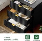 Fluted Nightstand with Charging Station, 24" Wide Bedside Table with 3 Large Storage Drawers, Modern Wood Side Table Night Stand, End Table Small Dresser for Bedroom, Living Room, Dorm, Black