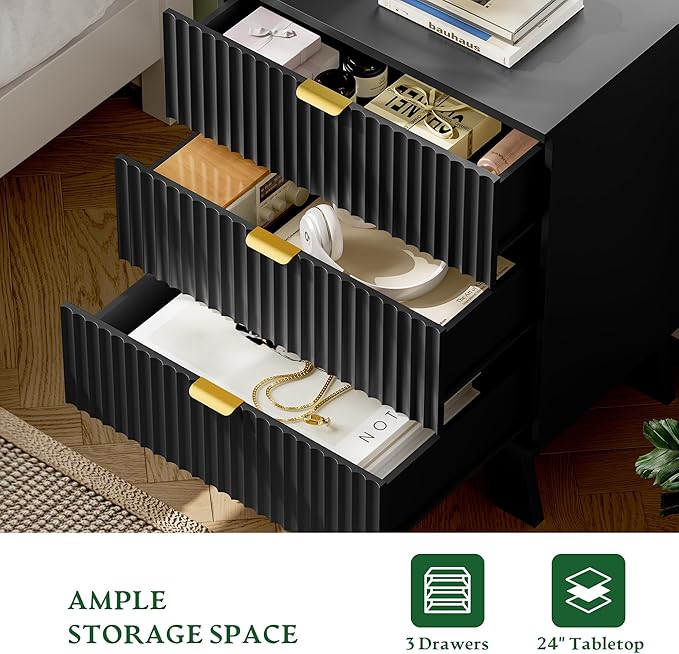 Fluted Nightstand with Charging Station, 24" Wide Bedside Table with 3 Large Storage Drawers, Modern Wood Side Table Night Stand, End Table Small Dresser for Bedroom, Living Room, Dorm, Black