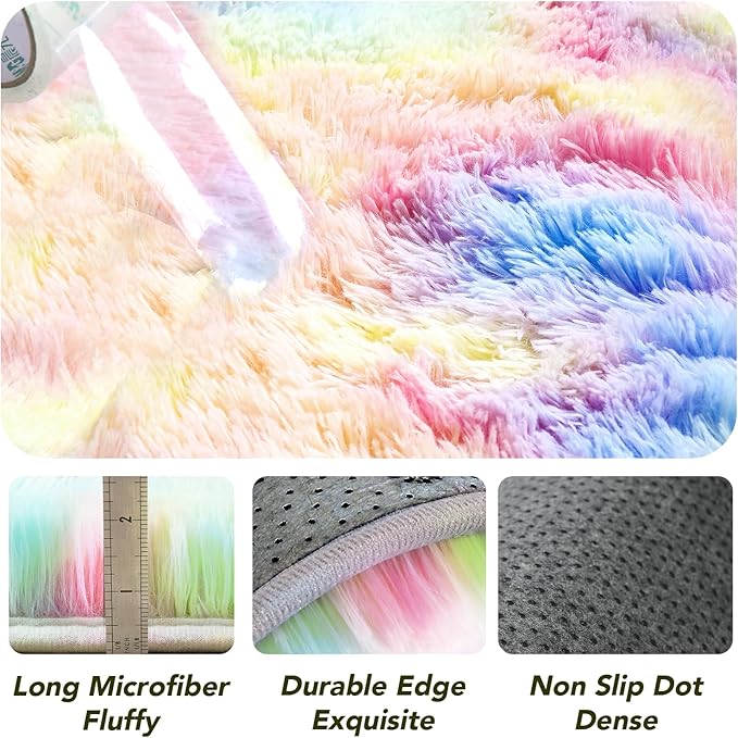 Round 5x5 ft Fluffy Rainbow Rug: Ultra Soft Furry Girls Bedroom Carpet- Colorful Oval Plush Shag Nursery Rug for Girls Room & Kids Room, Cute Home Decor