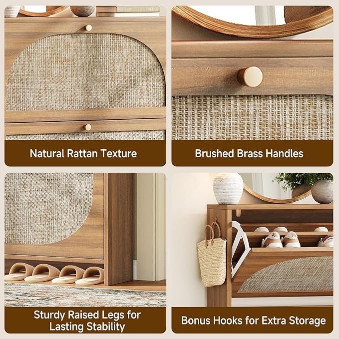 Nicetree Freestanding Ultra Slim Fluted Accent Shoe Storage Cabinet for Entryway - 3 Flip Drawers & 3-Tier Adjustable Shelves, Farmhouse Modern Rustic Shoe Rack for Hallway, Foyer