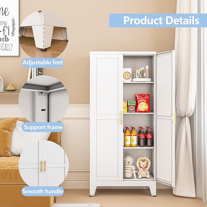 White Metal Storage Cabinet, 48" Steel Cabinets for Home Office, Kitchen Pantry Storage Cabinet with Doors and 3 Adjustable Shelves, for Office, Home, Garage, School