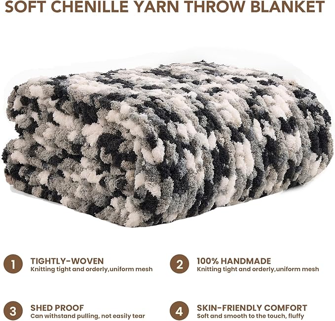 L'AGRATY Chunky Knit Blanket Throw: 50''x60'' Chenille Chunky Knitted Throw Blankets for Bed Couch - Handmade Thick Cable Knit Blanket - Large Crochet Rope Blankets for Home Decor