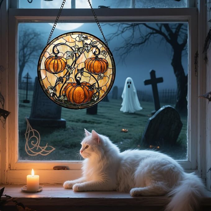 Stained Glass Window Hanging - Halloween Decoration Orange Pumpkin Vine Leaves Suncatcher for Door Garden Spooky Sun Catchers Gothic Decor Horror Gifts for Women Men Friend Boy Girl 11.8 in
