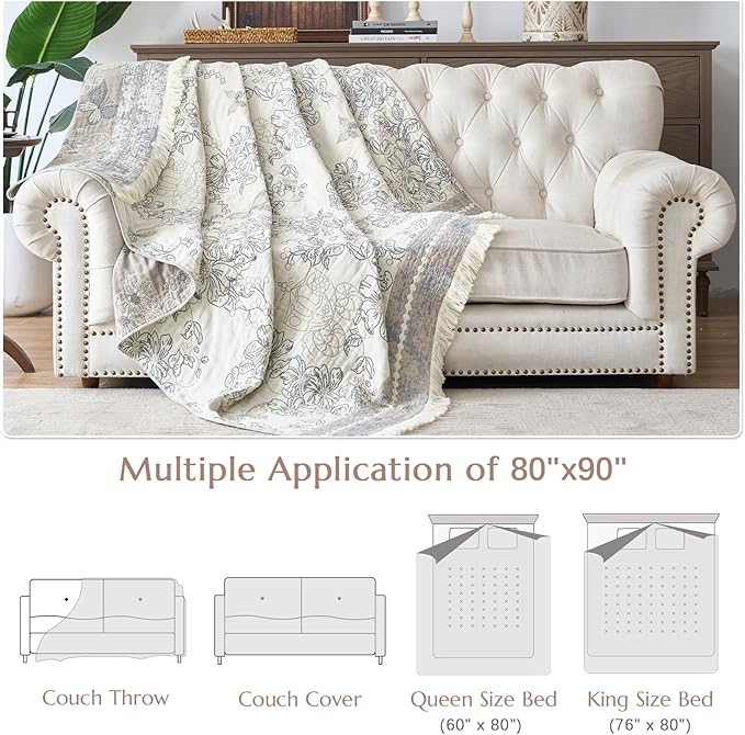 jinchan Boho Floral 100% Cotton Blanket 4-Layer Throw Blanket with Tassel Grey and White Flower Butterfly Soft Luxury Rustic Farmhouse Decor Blanket for Couch Bed 80x90 inch All Season Gift for Women