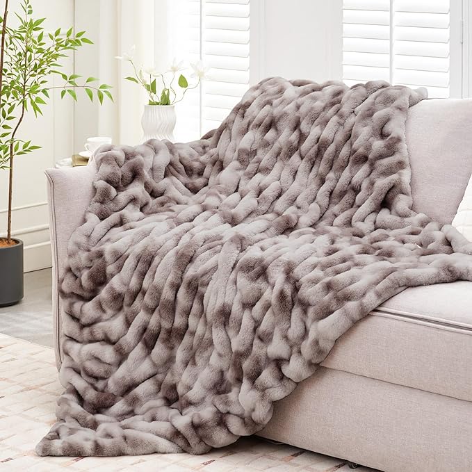 Ultra Soft Luxury Faux Fur Twin Blanket for Counch,Fuzzy Fluffy Plush Warm Cozy Elegant Wrinkled Blanket for Sofa Bedroom Living Room,（60"x80",Tie-dye Taupe）