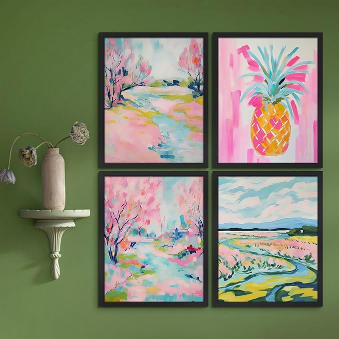 SIGNWIN Framed Vibrant Landscape and Pineapple Colorful Preppy Room Decor Pink Decor Digital Art Modern Art Decorative Multicolor Scenic for Bedroom - 11"x14"x4 Black