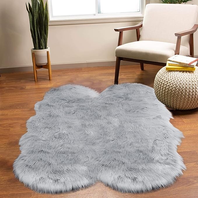 Latepis Grey Sheepskin Rug 4x6 Area Rugs Bedside Fluffy Faux Fur Rug Shag Carpets for Bedroom Living Room Playing Room Décor, Sheepskin