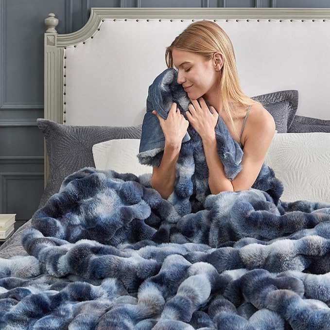 Cozy Bliss Faux Fur Throw Blanket for Couch, Fuzzy Soft Plush Thick Bubble Blanket for Sofa Bedroom Living Room, 108 * 90 Inches Tie Dye Blue