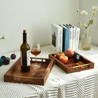 Set of 2 Acacia Wood Serving Trays with Gold Metal Handles for Food Serving, Appetizers & Snacks - Ideal for Bed, TV, Ottoman or Coffee Table Décor, Home Decoration Accessory 15.75x11.8 Inch