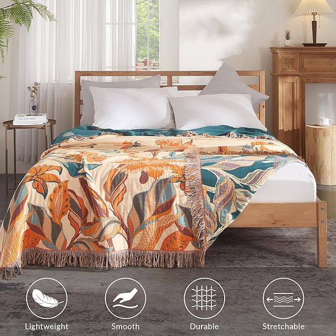 Boho Throw Blanket for Couch Sofa Bed, 100% Cotton Woven Quilt with Tassel 80”x90”, Super Soft Muslin Blanket with Floral Printed, Decorative Reversible Bed Blanket/Cover for All Seasons