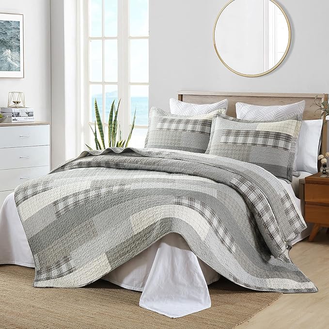 Y-PLWOMEN Quilt King Size - 100% Cotton Grey King Quilt Farmhouse Plaid Quilted Bedspread, 3 Pieces Lightweight Reversible King Size Quilt Bedding Set for All Season