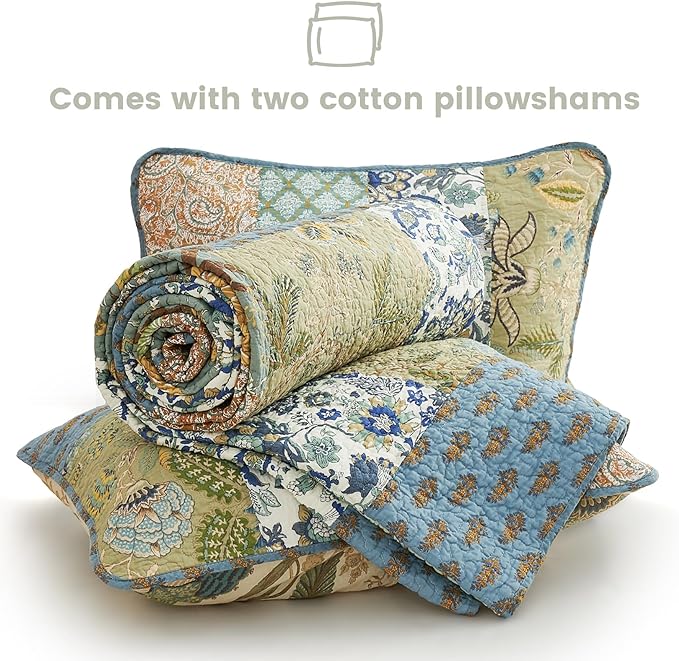 Secgo Queen Comforter Set for Bed - 100% Cotton Quilts Queen Size, Green, Sage Bedspreads (90 * 98 Inch) with 2 Pillow Shams, Patchwork Reversible Lightweight Bedding