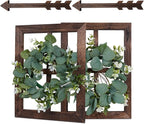 Rustic Wood Window Frame with Green Wreath and Arrows Wall Decor，Farmhouse Window Frame Hanging Decor,Wooden Fake Decoration,Window Pane Wall Decor,Set of 2 (Brown)