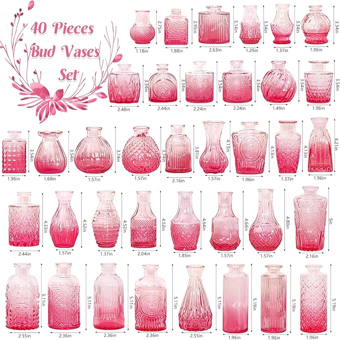 Set of 40 Glass Bud Vases, Small Pink Glass Vases in Bulk, Mini Vintage Embossed Flower Vase for Wedding, Centerpieces, Birthday Party, Baby Shower, Home Table Decorations (Pink)