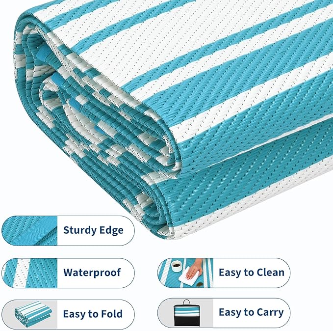 Waterproof Outdoor Rug 8x10 Contemporary Reversible Plastic Straw Rug, Easy Cleaning Striped Patio Carpet, UV-Resistant Indoor Outdoor Floor Cover for RV, Porch, Deck, Backyard, Light Blue