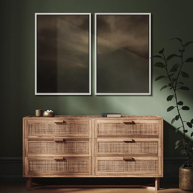 SIGNFORD Framed Canvas Print Wall Art Set Moody Misty Landscape Soft Brown and Gray Hues Illustration Modern Art Decorative Nordic Nature for Living Room, Bedroom, Office - 16"x24"x2 White