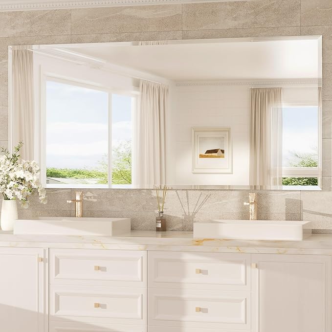 TokeShimi 72x36 Bathroom Mirror Frameless, Tempered 1" Beveled Edge Bathroom Mirrors for Over Sink, Shatterproof Rectangle Mirrored Wall Mounted for Living Room, Entryway, Restroom