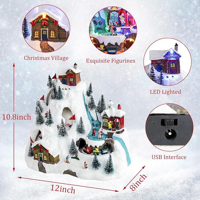 VCUTEKA Christmas Village Collectible Building, Snowy Mountain with Ski Slopes and Revolving Train Lighted Musical Village Addition to Your Christmas Indoor Decor