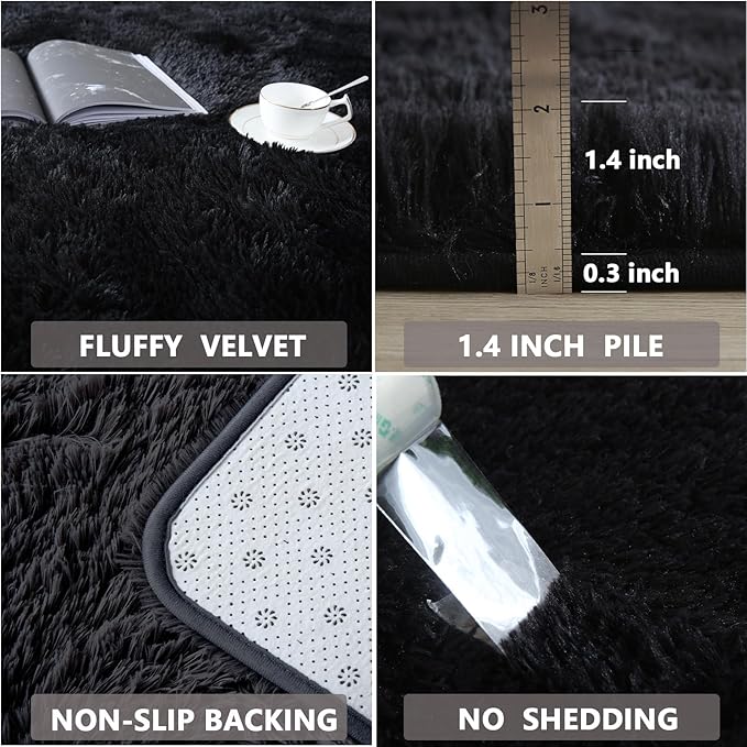 CAIYUECS Shag Area Rug,Indoor Ultra Soft Plush Rugs for Bedroom Living Room, Non-Skid Modern Nursery Faux Fur Rugs for Kids Room Home Decor (6x9 Feet, Black)