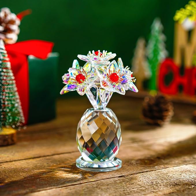 Iridescent Crystal Flower Figurine Collectibles for Women AB Color Glass Flowers Ornament Collection Crystal Christmas Decoration for Home Office