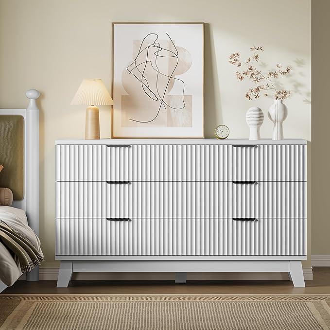 53" Long Dresser for Bedroom, 6-Drawer Dresser with Fluted Fronts, Wide Wood Chest of Drawers, Smooth Metal Slides, Stable Base, Modern Clothes Storage Cabinet for Living Room, Hallway
