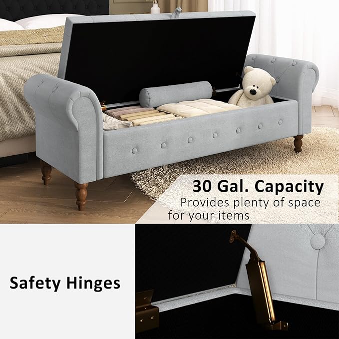 Storage Ottoman Bench for Bedroom, 63" End of Bed Bench with Rolled Arms Upholstered Ottoman Bench Fit for Bedroom, Living Room, Entryway, Velvet Light Gray