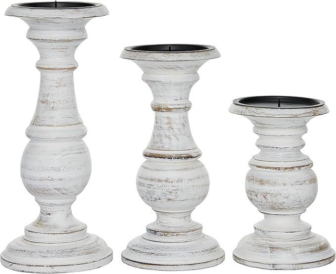 Deco 79 Mango Wood Decorative Candle Holder Turned Style Pillar Candle Stand, Set of 3 Candlestick Holder 10", 8", 6”H, White