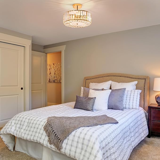 VONLUCE Crystal Light Fixture, Modern Semi Flush Mount Ceiling Light, 15" Round 4-Light Crystal Chandelier Hallway Lighting for Kitchen Bedroom Living Room Dining Room Entryway Closet, Gold